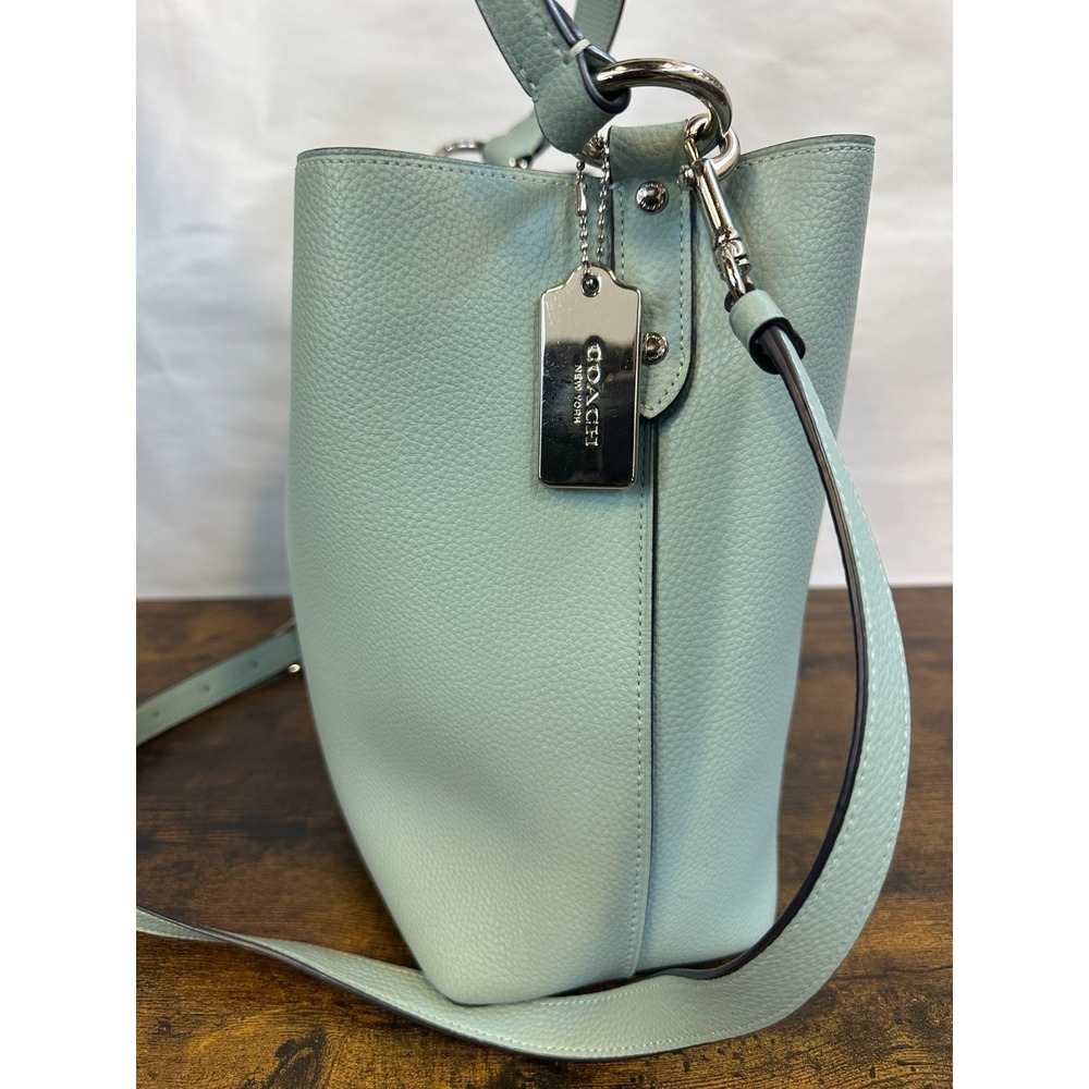 *Flawed Coach Town Bucket Bag 91122 Seafoam Blue Pebble Leather Crossbody Purse - Picture 8 of 16